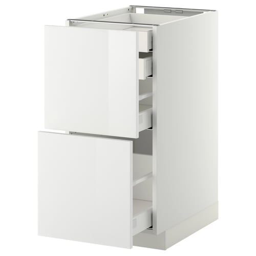 METOD white kitchen cabinet with three drawers, glossy finish, modern design.