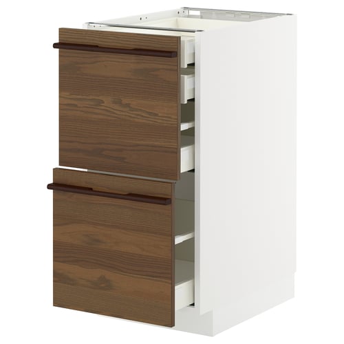 The METOD kitchen storage unit with dark brown stained ash veneer and wooden handles.