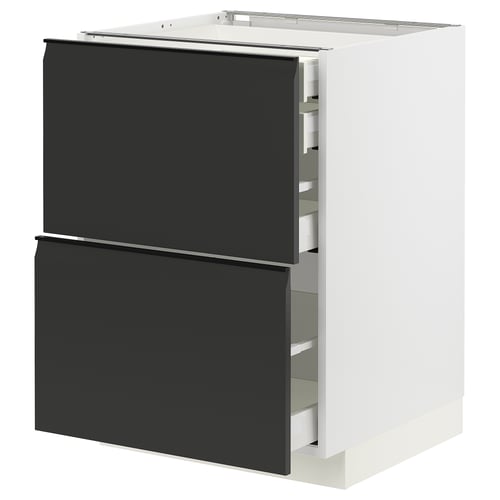A modern white kitchen cabinet with black drawers, featuring sleek integrated handles and a clean, minimalist design.