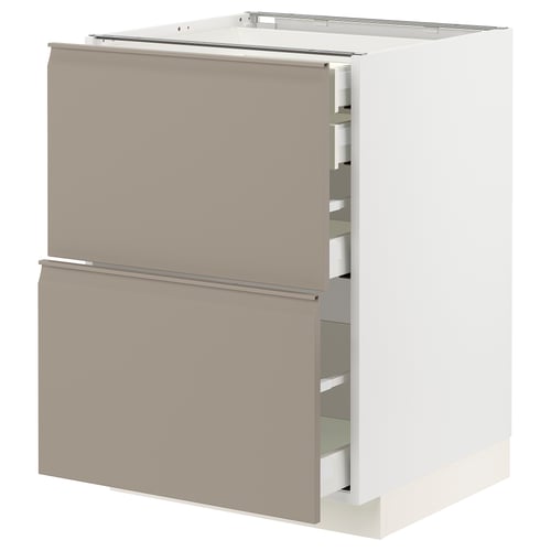 This image shows a beigey-grey METOD kitchen cabinet with three open drawers. It has a modern, flat design with integrated handles.