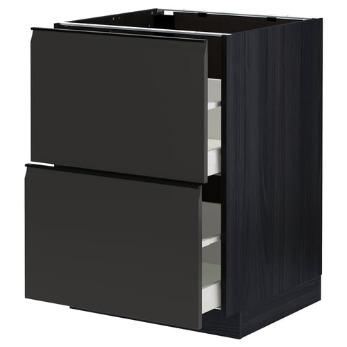 Modern black kitchen cabinet with two drawers, sleek design, wooden texture, and metallic drawer pulls.