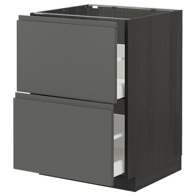 METOD kitchen cabinet in dark grey with two open drawers. Modern, sleek design with integrated handles.