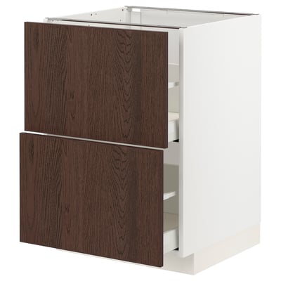 Dark brown wooden drawer unit, white frame. Two large drawers, modern kitchen design.