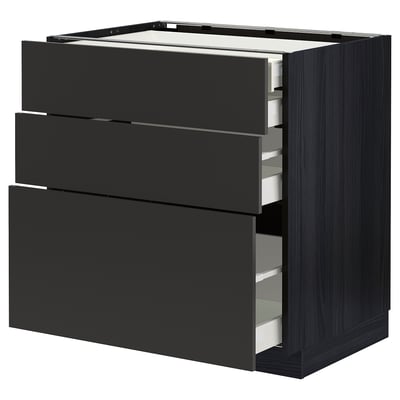 Modern black kitchen unit with 3 drawers, sleek design, durable particleboard & recycled materials.