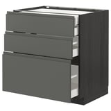 METOD kitchen unit, dark grey, three drawers, sleek design, wood texture.