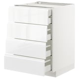 White METOD kitchen cabinet with high gloss finish and multiple drawers.