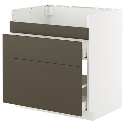 White & dark brown kitchen unit with drawers and shelves.