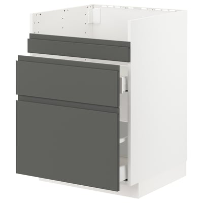 Ikea METOD kitchen unit, dark grey, modern, 3 drawers, white frame.