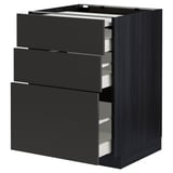 Black ikea METOD kitchen unit with three open drawers, dark, sleek, modern design.