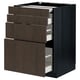 Dark brown kitchen cabinet with multiple drawers, sleek design.