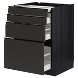 Modern black METOD kitchen unit with four open drawers, sleek handles, dark wood grain finish.
