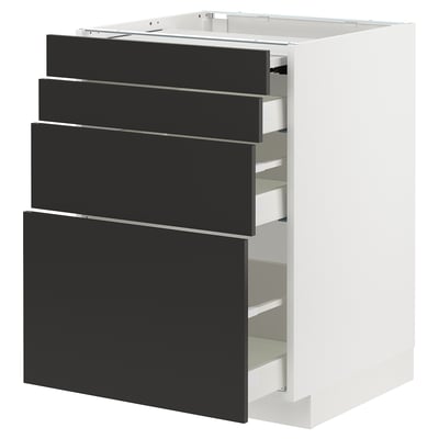 METOD kitchen unit, white and black, modern design, with 4 black drawers and a pull-out section, sleek and stylish.