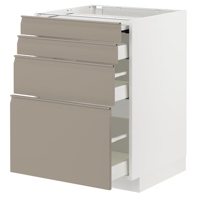 Modern kitchen unit with beige drawers and white base, four drawers.