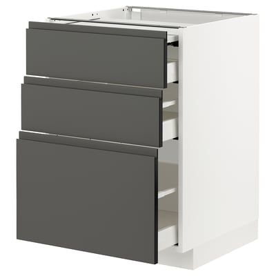 METOD kitchen unit, white & dark grey drawers, three pull-out drawers, sleek modern handle-less design.