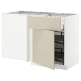 White and beige modern kitchen cabinet with pull-out shelf.