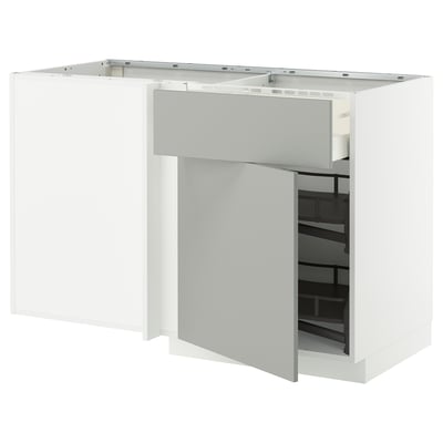 Modern white kitchen cabinet in l-shape with pull-out shelves.