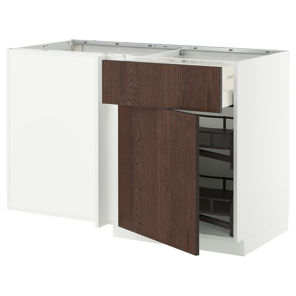 Modern white kitchen island with dark brown wooden accents and open shelving.