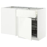 White METOD kitchen unit with open cabinet and pull-out shelves showcasing structured storage.