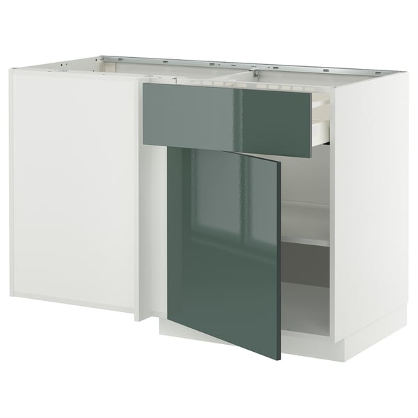 Modern, white ikea METOD kitchen unit with high-gloss grey-green door.