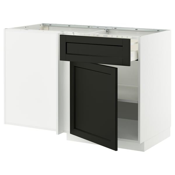 A white METOD kitchen unit with a black stained lerhyttan drawer and door, featuring bevelled edges and a modern design.