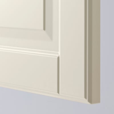Close-up of high-quality off-white kitchen cabinet with beveled edges.