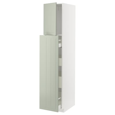 A tall, white METOD kitchen cabinet with light green doors, featuring a stacked design and visible shelves.