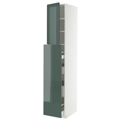 Modern, tall grey-green cabinet with two drawers, sleek design.