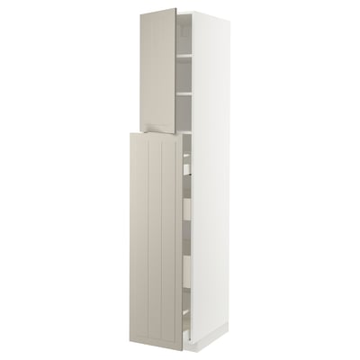 A beige, tall kitchen cabinet from the METOD system with a modern design and multiple shelves.