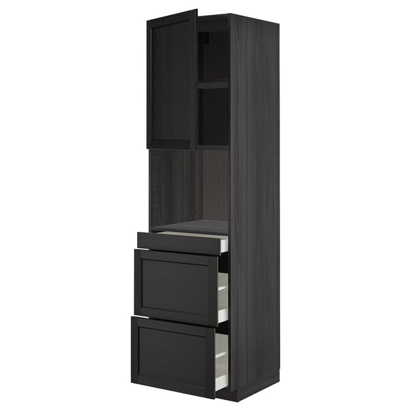 Black stained kitchen cabinet with drawers and doors, traditional design.