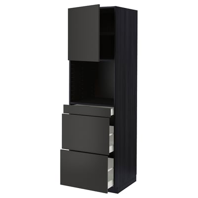 Tall, dark grey ikea METOD kitchen unit with three drawers and an open shelf at top.