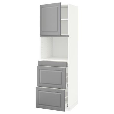 White and grey kitchen cabinet with open shelf, two drawers, and one door.
