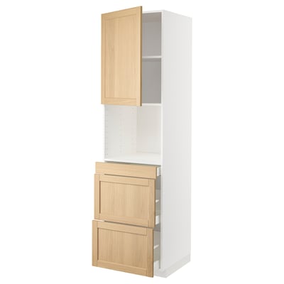 A white and light wood-colored kitchen cabinet from the METOD system, featuring multiple drawers and shelves.