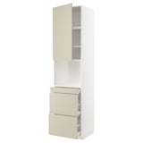 A white METOD kitchen cabinet with beige drawers. Its tall, with smooth surfaces and modern design.