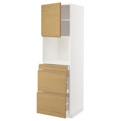 A white METOD kitchen cabinet with oak-colored drawers and a door. It has a minimalist design with integrated handles.