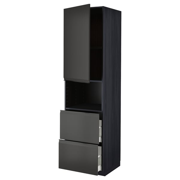 This image shows a black METOD kitchen cabinet with two open drawers and a shelf, featuring a modern design with matte black handles.