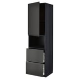 This image shows a black METOD kitchen cabinet with two open drawers and a shelf, featuring a modern design with matte black handles.