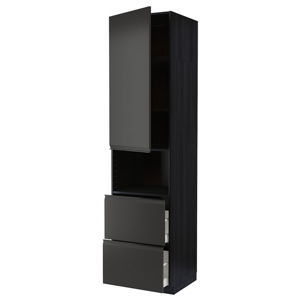 Modern black kitchen cabinet with two drawers and an open shelf, featuring integrated handles and a sleek, minimalist design.