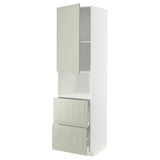 METOD kitchen unit in green with white shelves, drawers, and stylish wooden design panel.