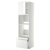 White METOD kitchen unit. Tall, modern, high-gloss design with shelves and drawers.