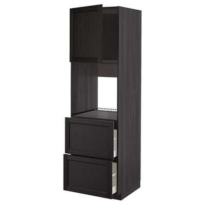 Black kitchen cabinet with drawers and shelves from ikeas METOD series, featuring dark stained wood and beveled edges.