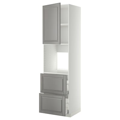 White and gray kitchen cabinet set featuring beveled edges, including shelves and drawers.