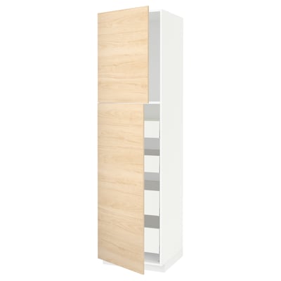 METOD kitchen cabinet in light ash wood with white interior, tall and rectangular, partial open view.
