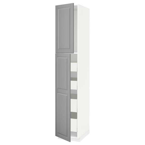 White METOD kitchen cabinet with grey doors open, revealing shelves.