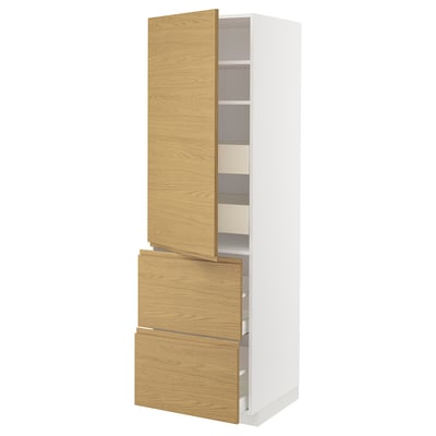 This image shows a tall white cabinet with light wood doors and drawers. It three shelves inside and combines modern design with wood accents.