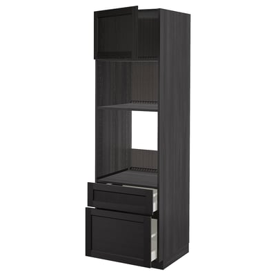 Black kitchen cabinet with open shelves and drawers.