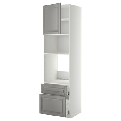 Grey and white kitchen cabinet, tall with shelves and drawers, modern design.