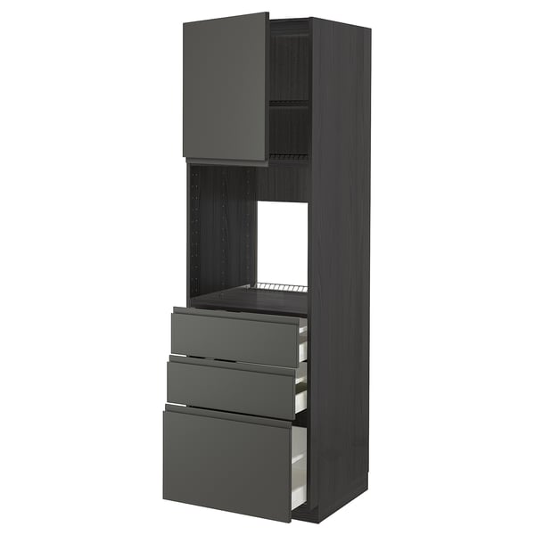 A dark grey modern kitchen cabinet unit with integrated handle drawers and an open shelf.