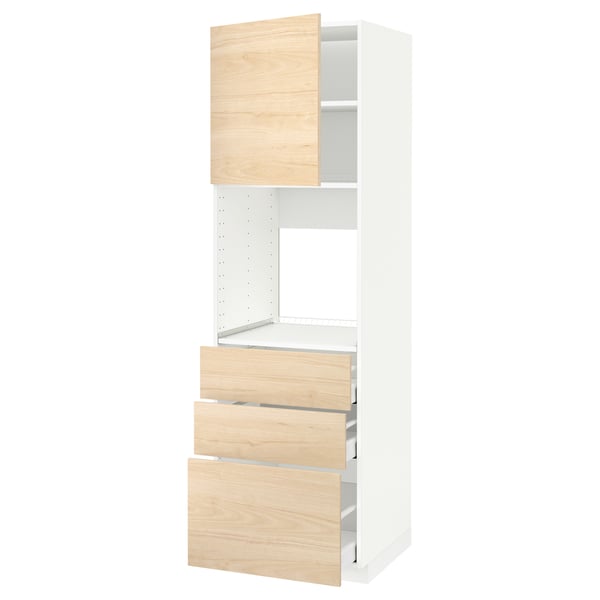 Modern white kitchen unit with light wood drawers and cabinet, multiple compartments.
