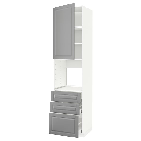METOD kitchen unit with grey beveled doors and drawers, white frame, sleek modern design.