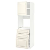 An off-white METOD kitchen cabinet with three drawers and an open compartment at the top. Its a traditional design with beveled edges.
